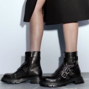NWT Zara Low Heeled Leather Ankle Boots With Buckles Size 6.5
